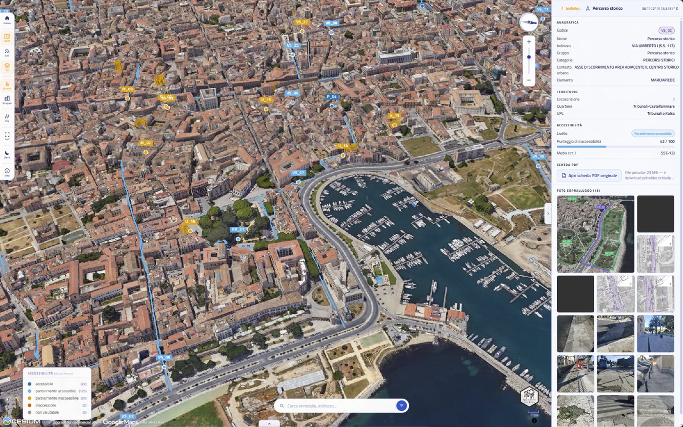 Vista 3D fotorealistica con bussola e controllo zoom