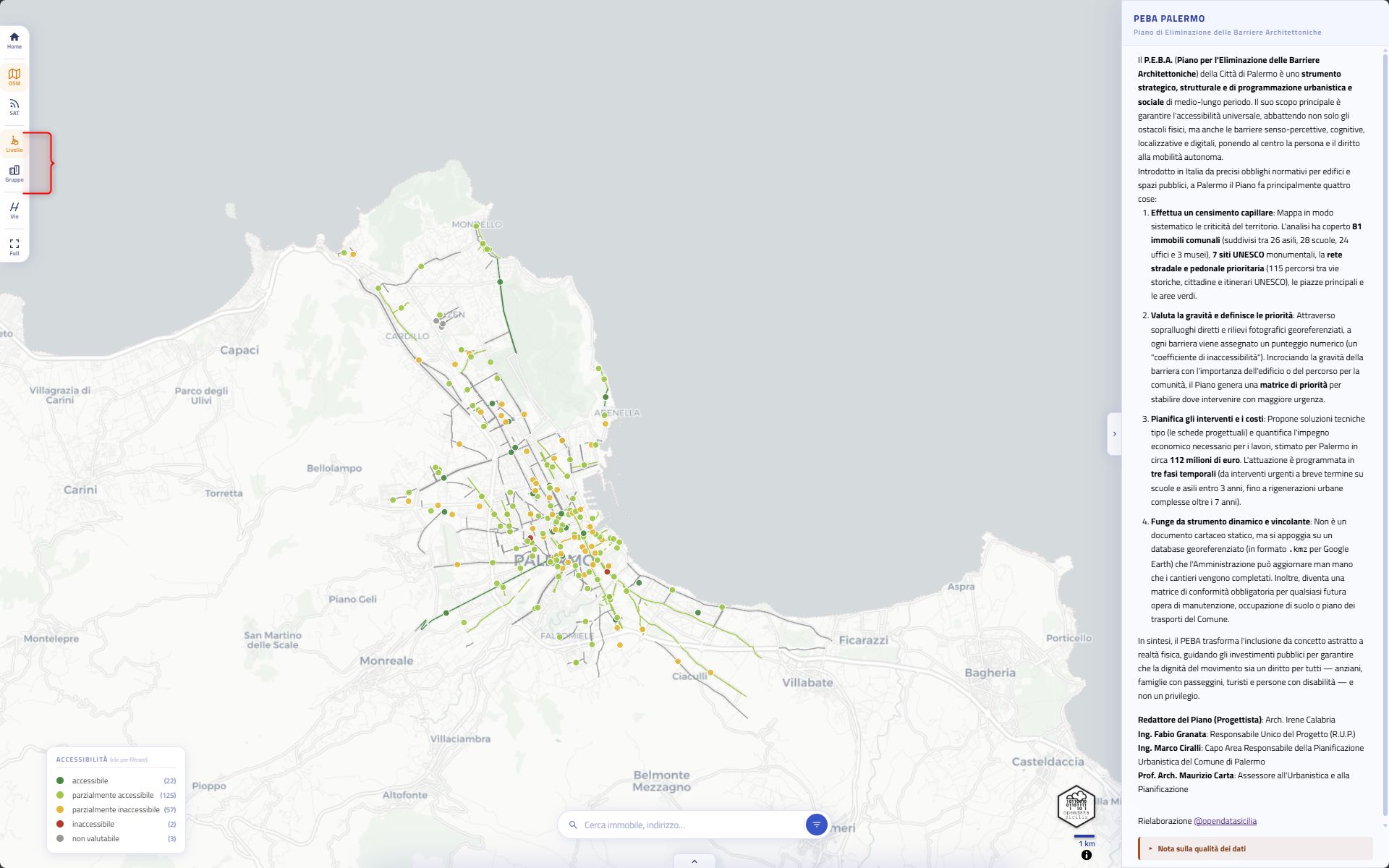 Selettore Accessibilità/Gruppo nella toolbar con mappa e vie colorate di conseguenza