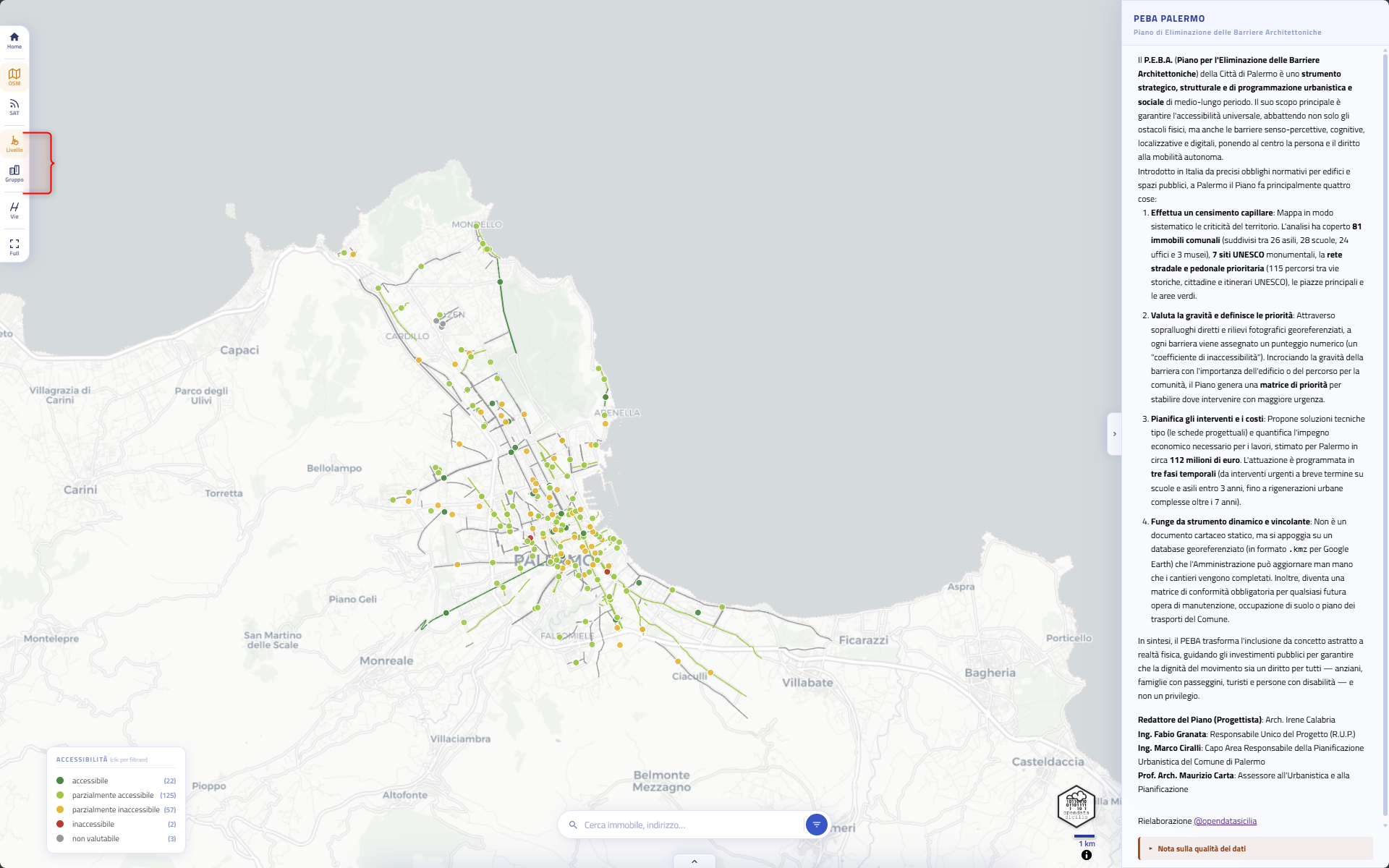 Selettore Accessibilità/Gruppo nella toolbar con mappa e vie colorate di conseguenza