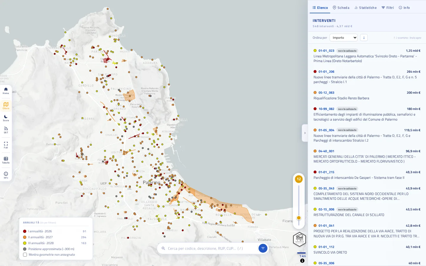 Schermata principale con mappa, barra strumenti, legenda, ricerca e pannello a destra