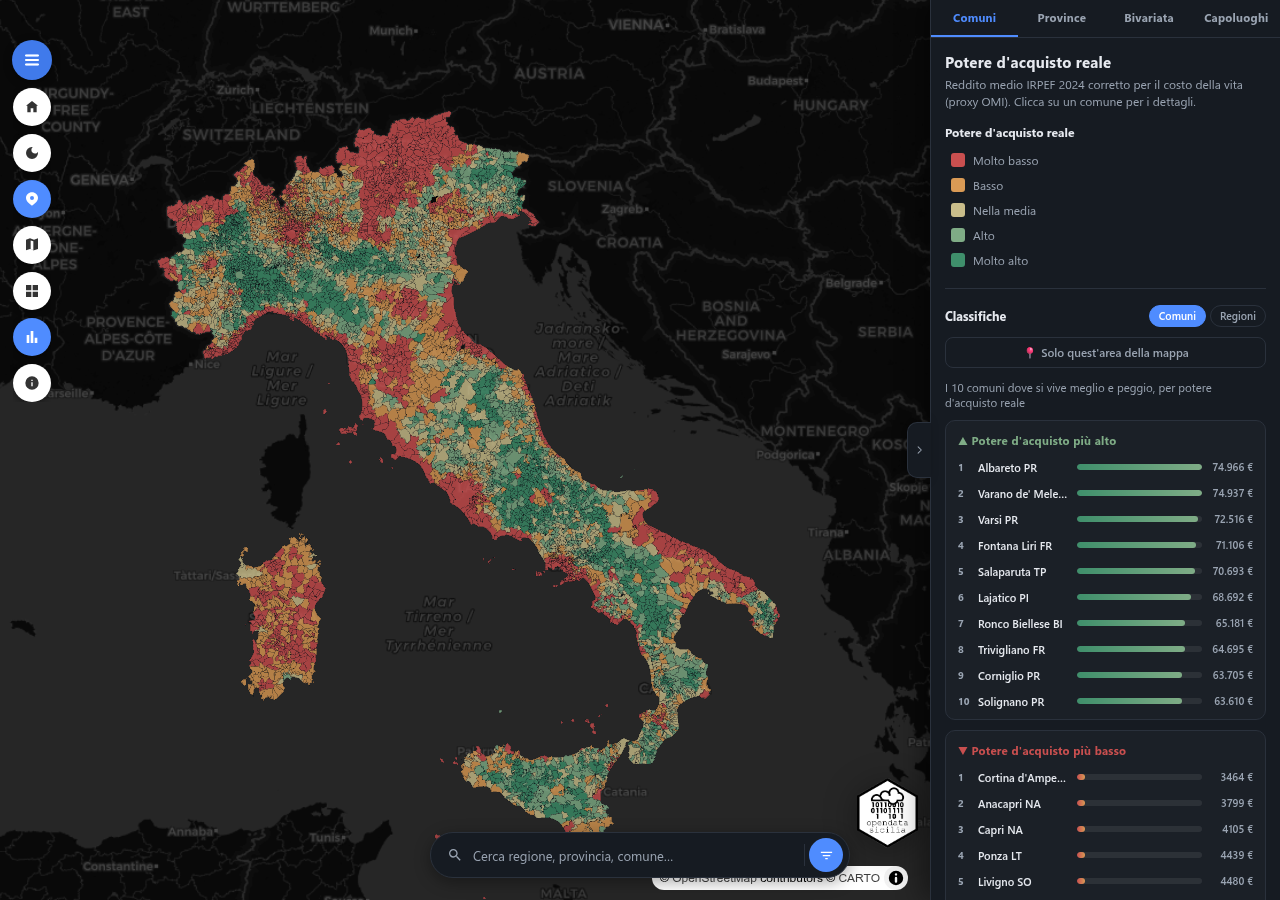 Screenshot: mappa con il menu a tendina aperto in alto a sinistra