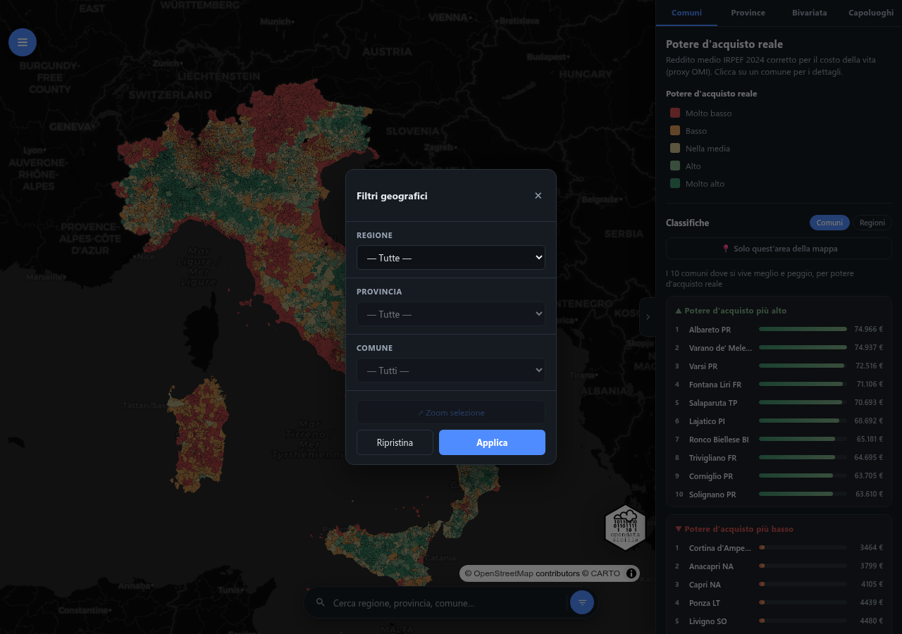 Screenshot: modale filtri geografici Regione, Provincia, Comune aperto sopra la mappa