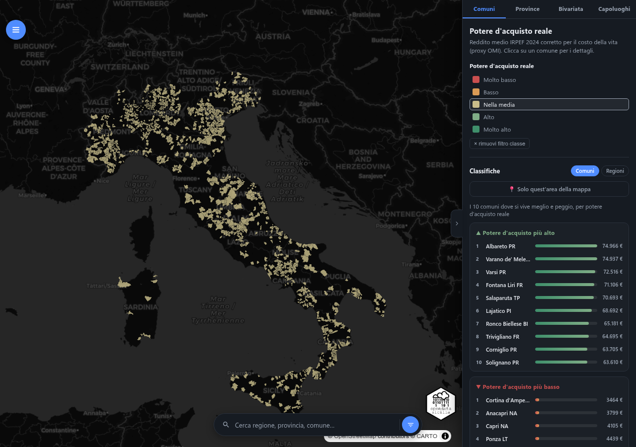 Screenshot: mappa che mostra solo i comuni della classe 'Nella media' dopo il click sulla legenda