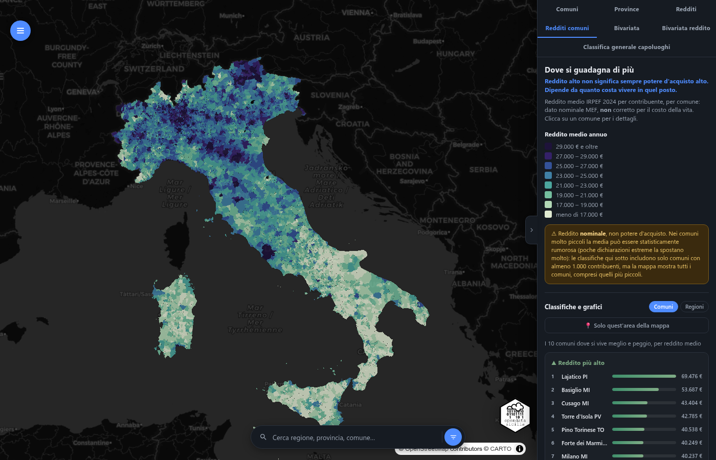 Screenshot: vista Redditi comuni con mappa colorata viola→verde e pannello classifiche a destra